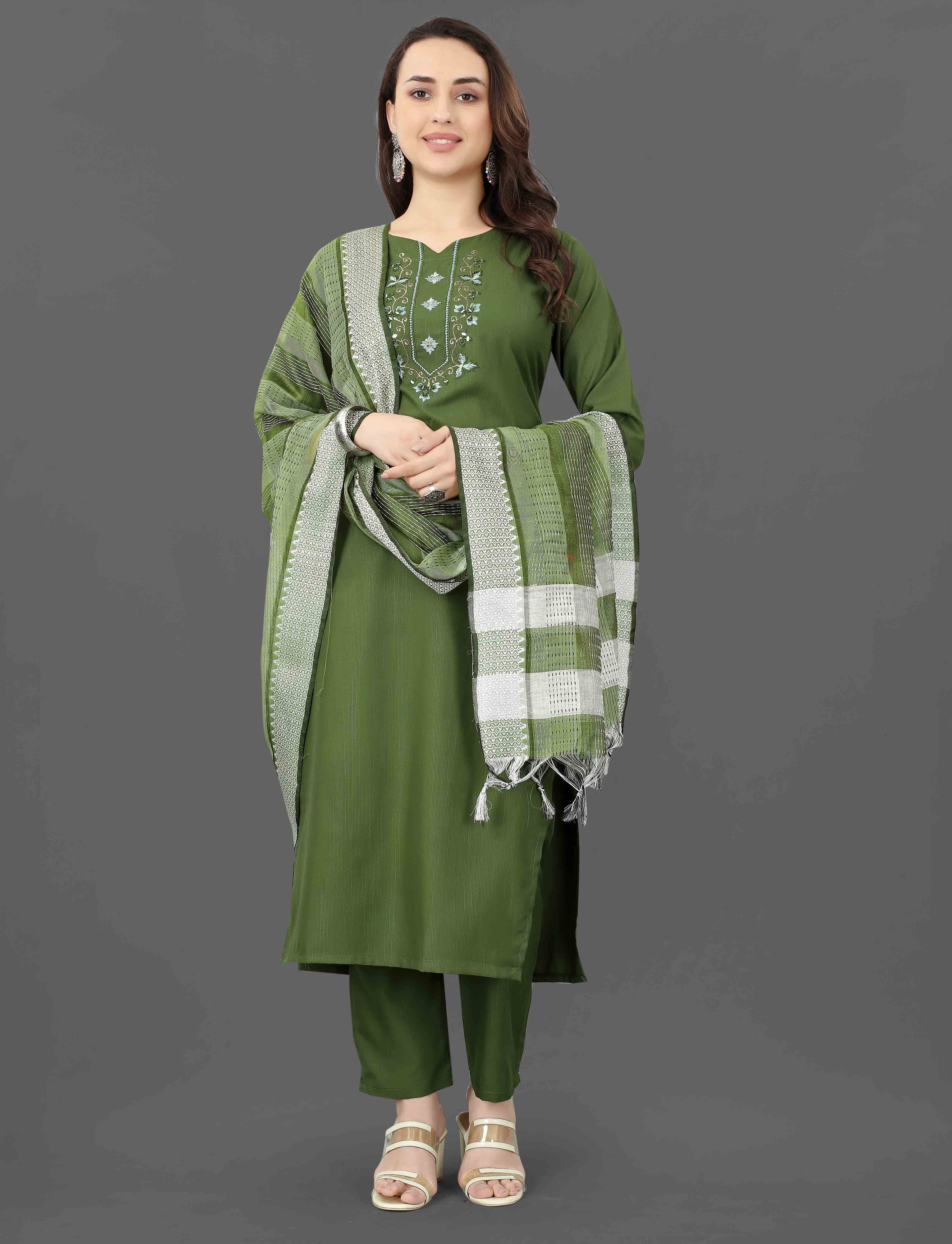 Full front view of a smiling woman modeling the TRENDBUY Mohini green embroidered kurti set with dupatta.