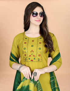 Women's Cotton Blend Embroidered Kurta with Pant & Chanderi Dupatta Set - TRENDBUY