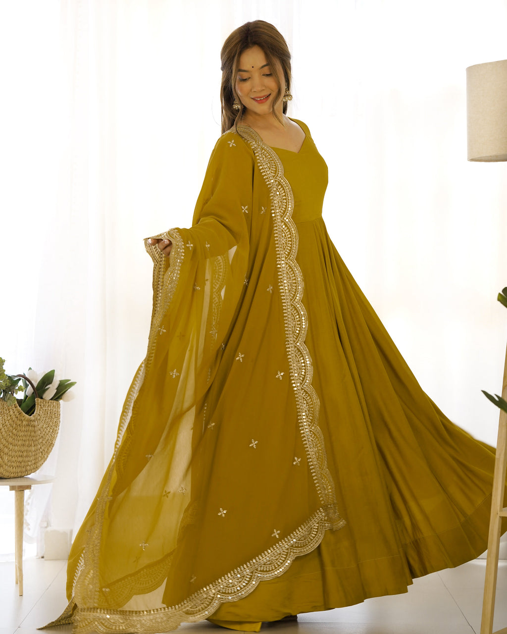 Mustard yellow Anarkali gown with matching dupatta and pant set
