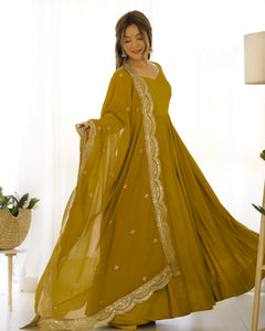Mustard Yellow Anarkali Gown Dupatta Pant Set | TRENDBUY