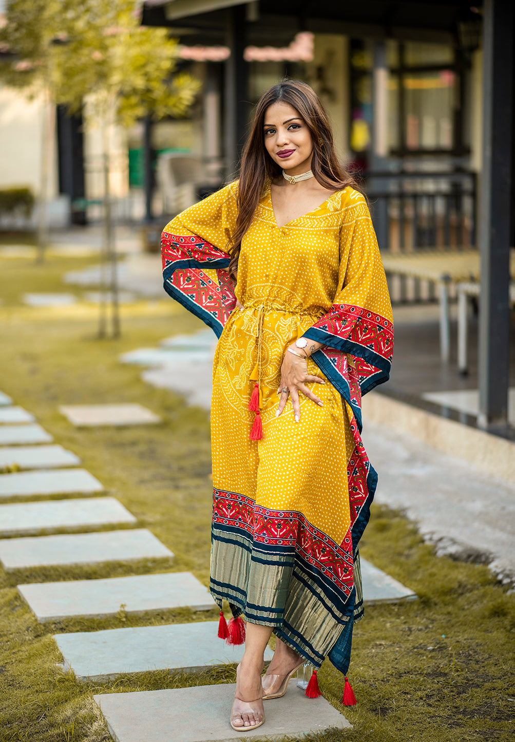 Mustard Yellow Pure Gajji Silk Kaftan with Bandhani Prints