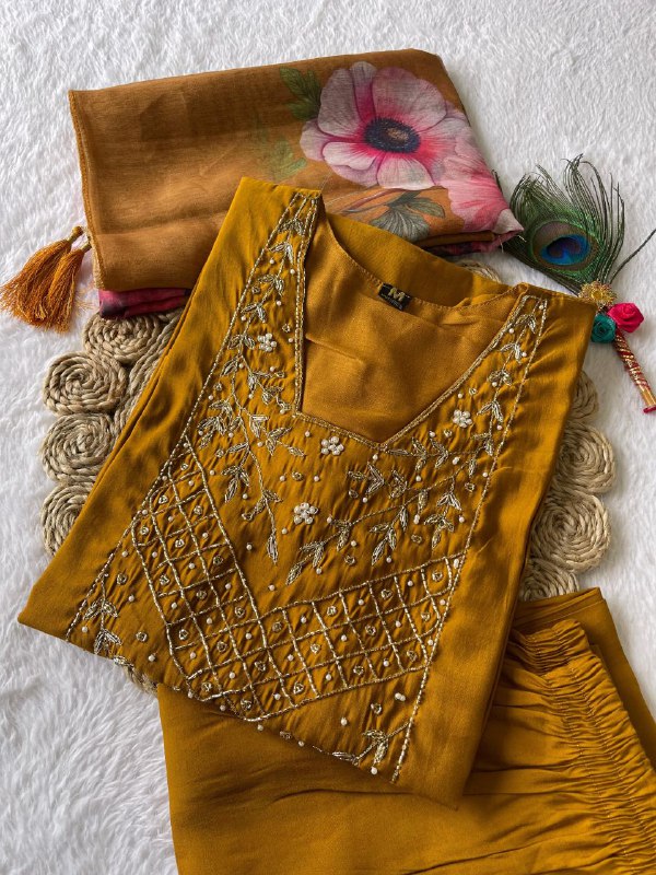 Mustard Yellow handwork kurta, pant, and dupatta set