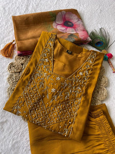 Mustard Yelow Handwork Kurta Pant Dupatta | TRENDBUY