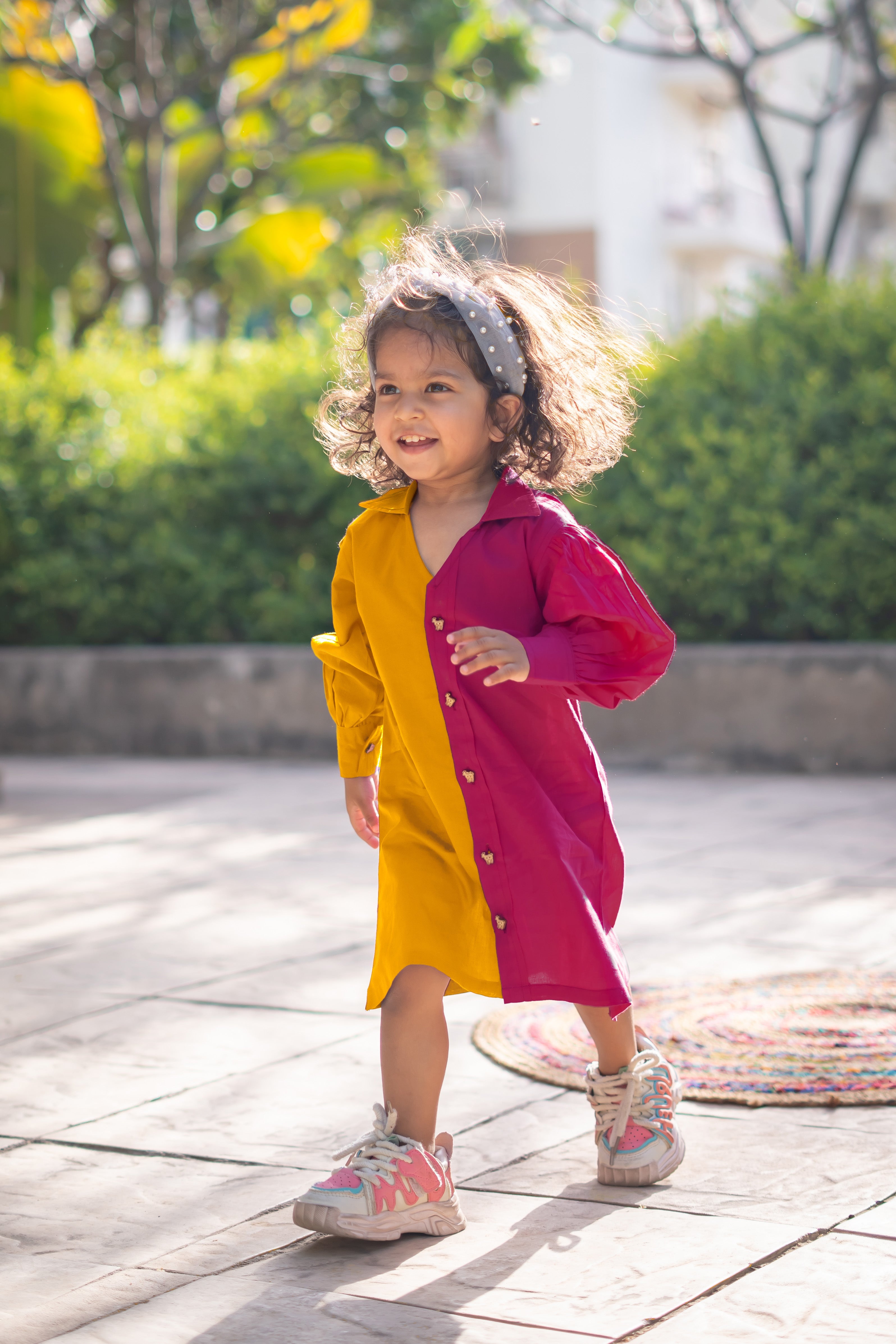 Girls Pure Cotton Color Block Dress with Collar - Mustard Magenta