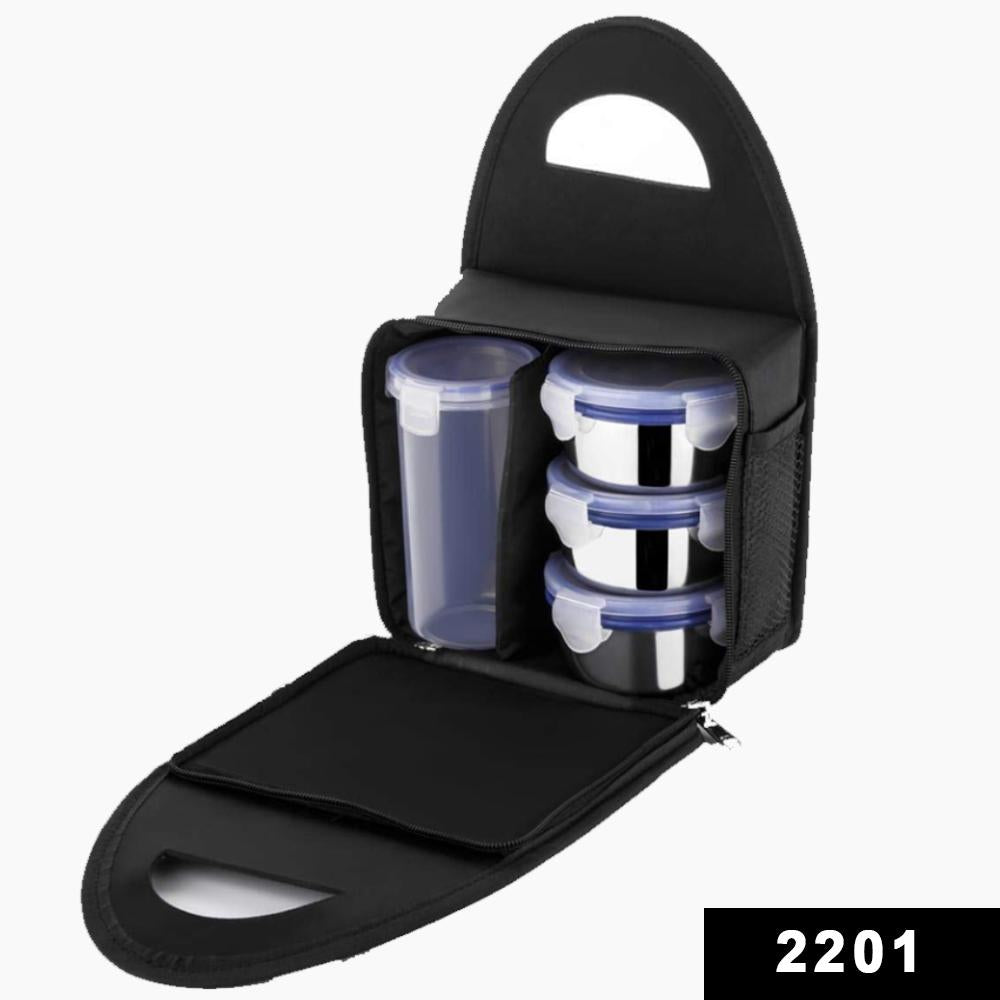 Compact stainless steel airtight 4-piece lunch box set showing 3 leakproof food containers and a matching bottle.