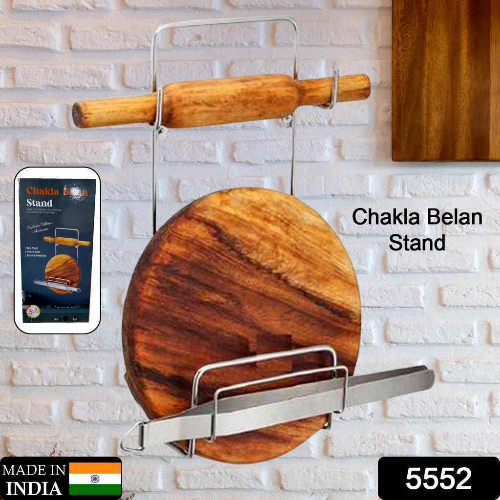 Silver stainless steel multi-purpose kitchen rack for Chakla, Belan, Chimta, rolling pin, board, tongs.