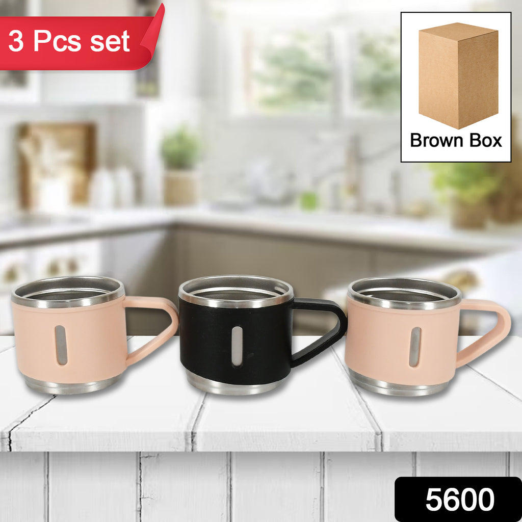 3 Pc stainless steel double wall insulated coffee tea mugs with handles.
