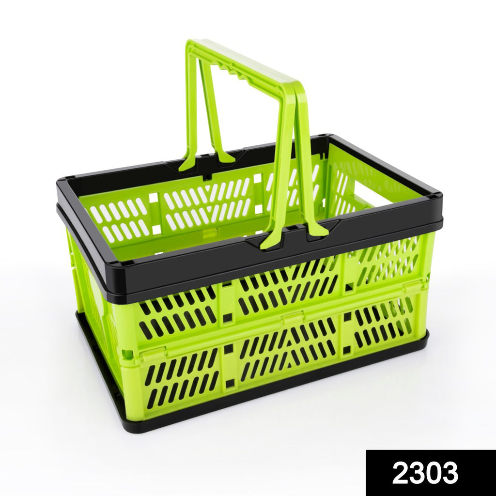 Collapsed 2303 folding shopping portable storage basket held, demonstrating compact design.