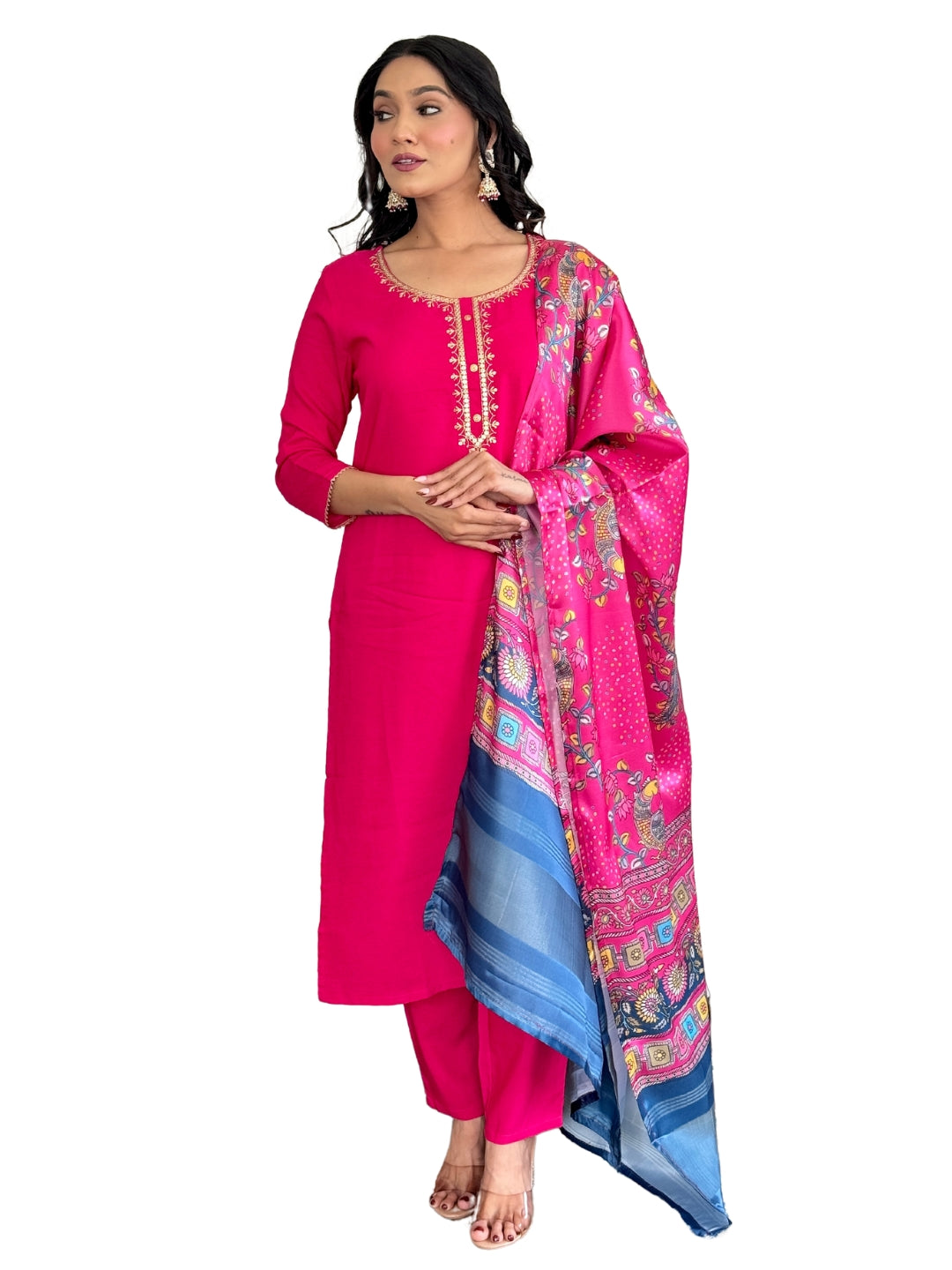 Full shot of model showcasing Gajri Viscose embroidered kurta set with jacquard dupatta.
