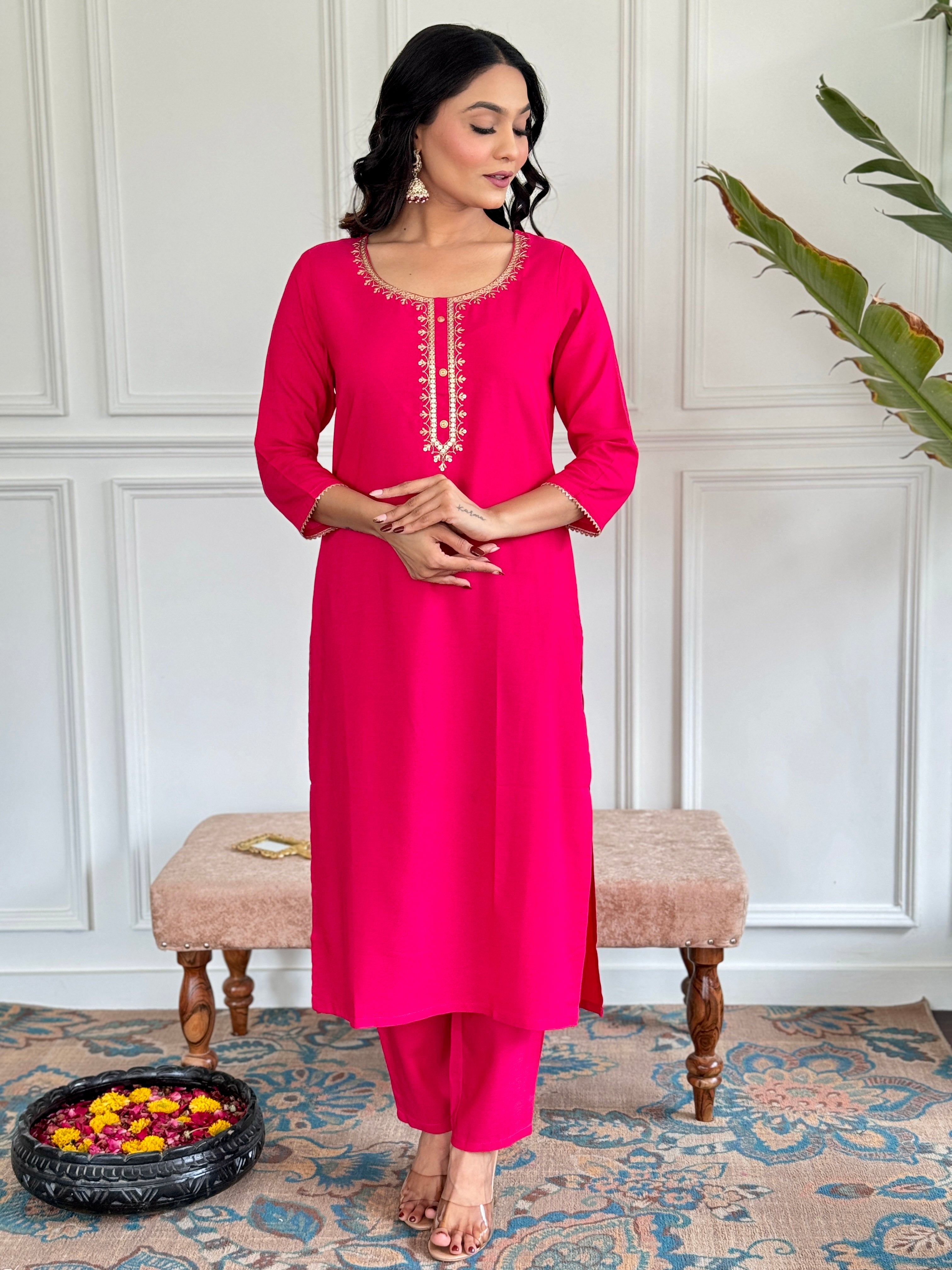 Model standing elegantly in the Gajri Viscose embroidered kurta set from TRENDBUY, exuding confidence.