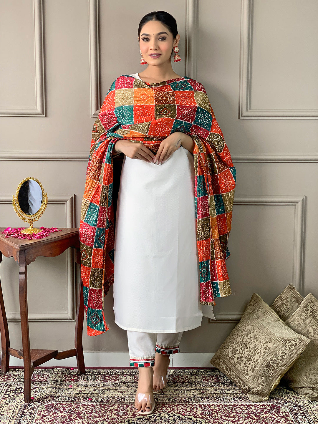 Model confidently posing in TRENDBUY D488 Off-White Kurta Set with the colorful silk blend dupatta draped around her shoulders.