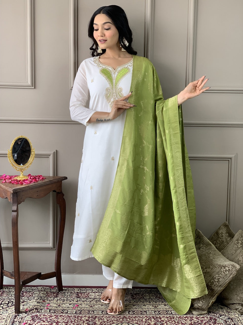 TRENDBUY Women's Off-White Embroidered Kurta Set with green jacquard dupatta, model posing elegantly.