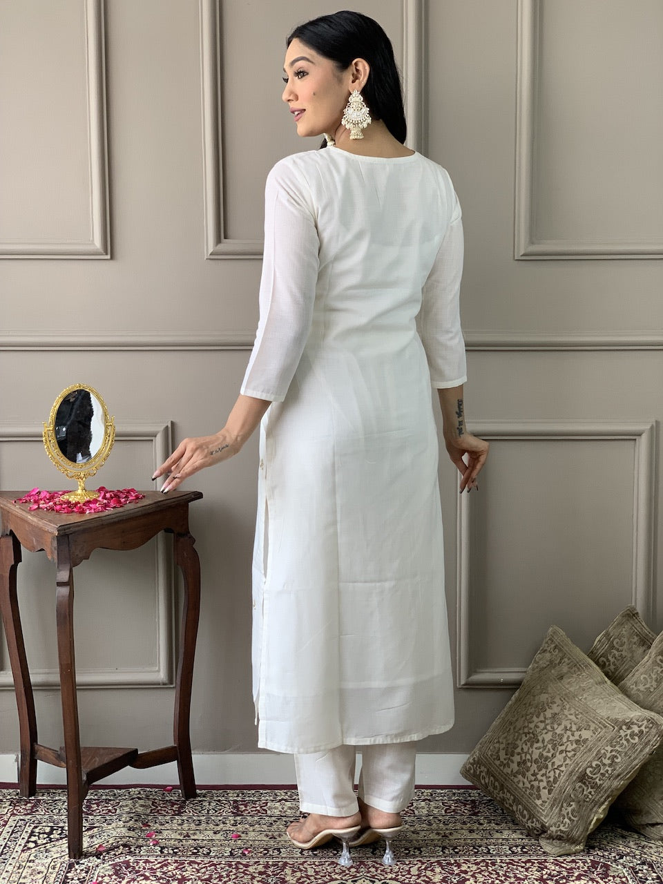 Back view of the TRENDBUY Women's Off-White Viscose Kurta and pant, showing a simple and clean design.