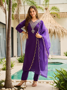 TRENDBUY Violet Rayon Slub Embroidered Kurta Pant Dupatta Set | Luxurious Ethnic Wear