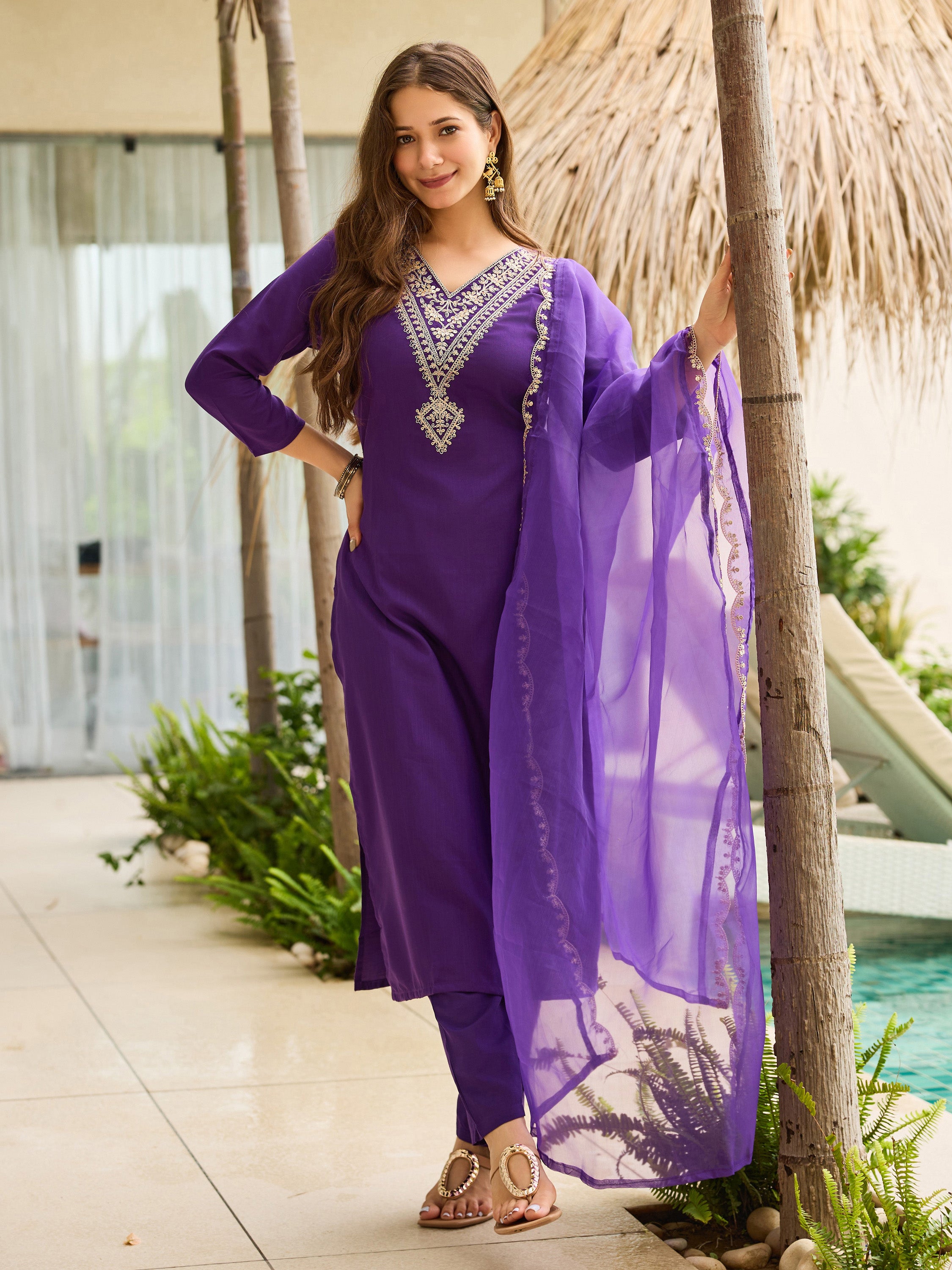 Full length view of TRENDBUY violet ethnic wear, featuring embroidered kurti, pants, and organza dupatta