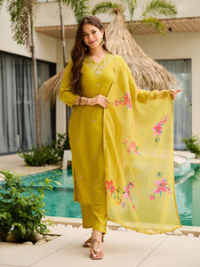 TRENDBUY Yellow Rayon Slub Embroidered Kurti with Pant & Organza Dupatta Set - D598