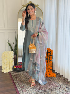 TRENDBUY D633 Pista Green Embroidered BSY Viscose Kurti with Pant & Floral Organza Dupatta Set