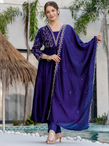 TRENDBUY Elegant Blue Vichitra Silk Embroidered Kurta Pant Dupatta Set - D688