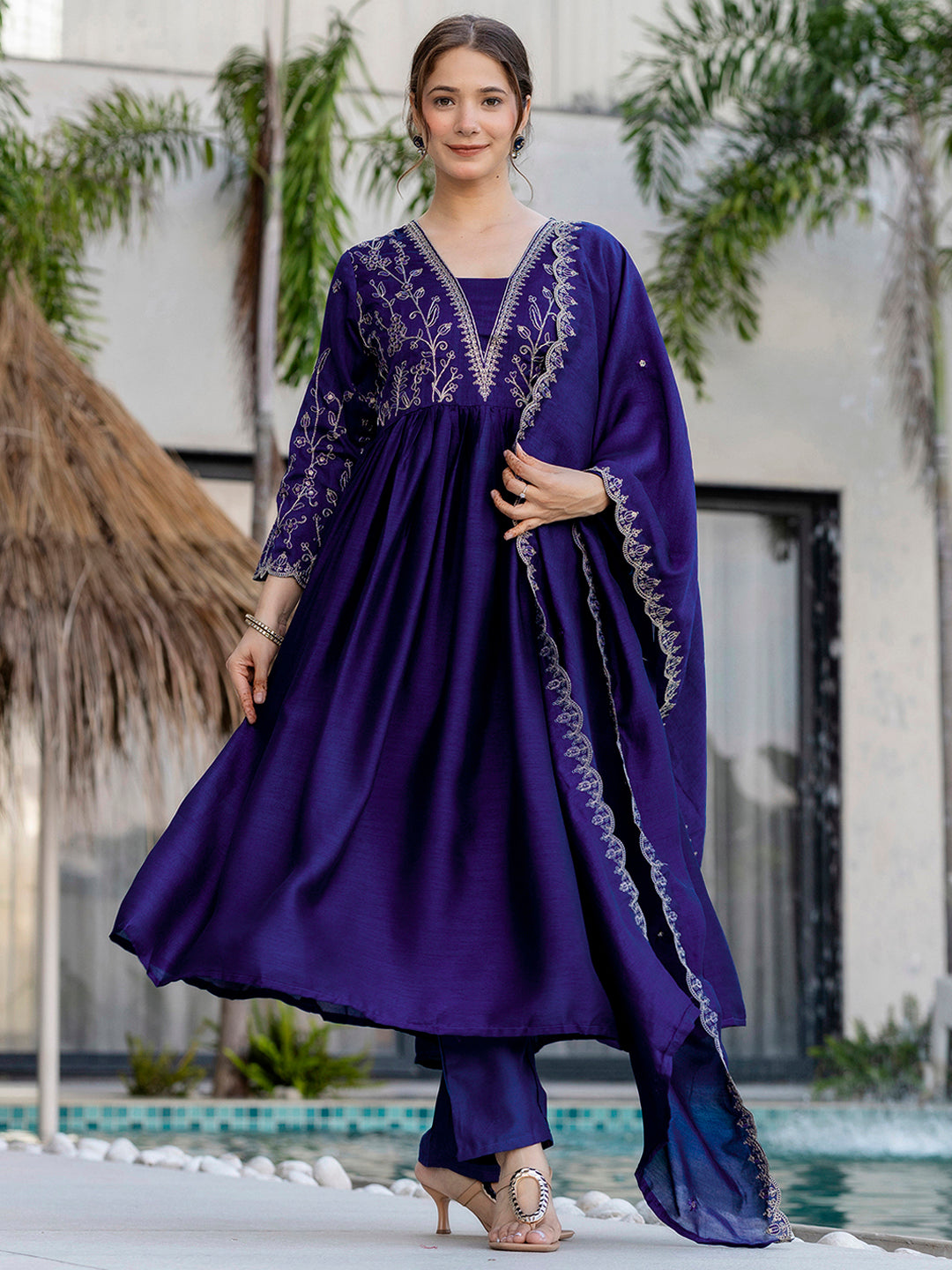 TRENDBUY blue silk kurta set with embroidery, highlighting the complete ethnic outfit's charm and movement