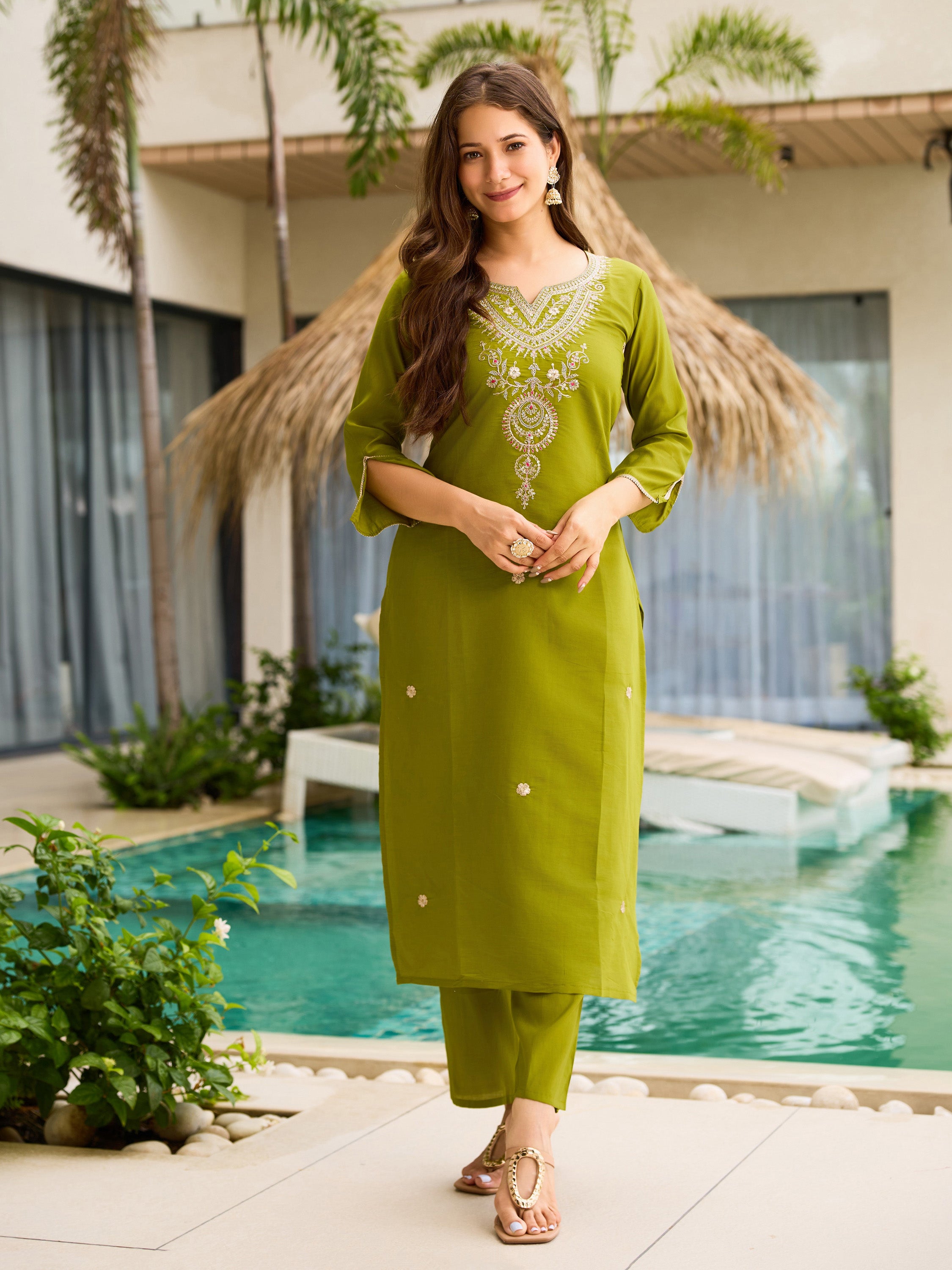 Front view of TRENDBUY lime green embroidered kurti with matching pants, no dupatta, showcasing the overall design