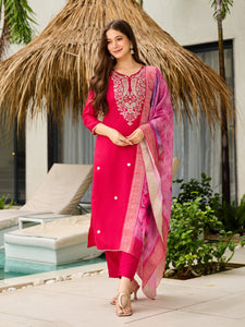 TRENDBUY D694 Pink Embroidered Viscose Kurti Set with Jacquard Dupatta