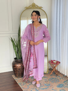 TRENDBUY Elegant Lavender Rayon Embroidered Kurta Set with Dupatta & Pant