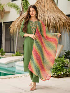 TRENDBUY Mahendi Green Embroidered Rayon Kurta Pant Dupatta Set