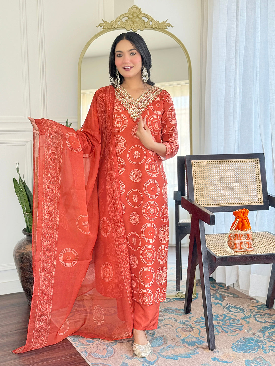 TRENDBUY model showing movement of the D732 orange taby dupatta with geometric border, part of the rayon kurti set.