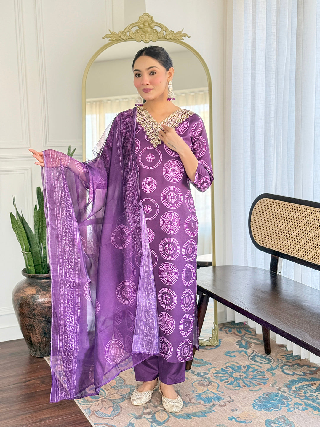 TRENDBUY model full body shot in the D732 purple kurti set, showing the rayon kurta, pant, and taby dupatta drape.