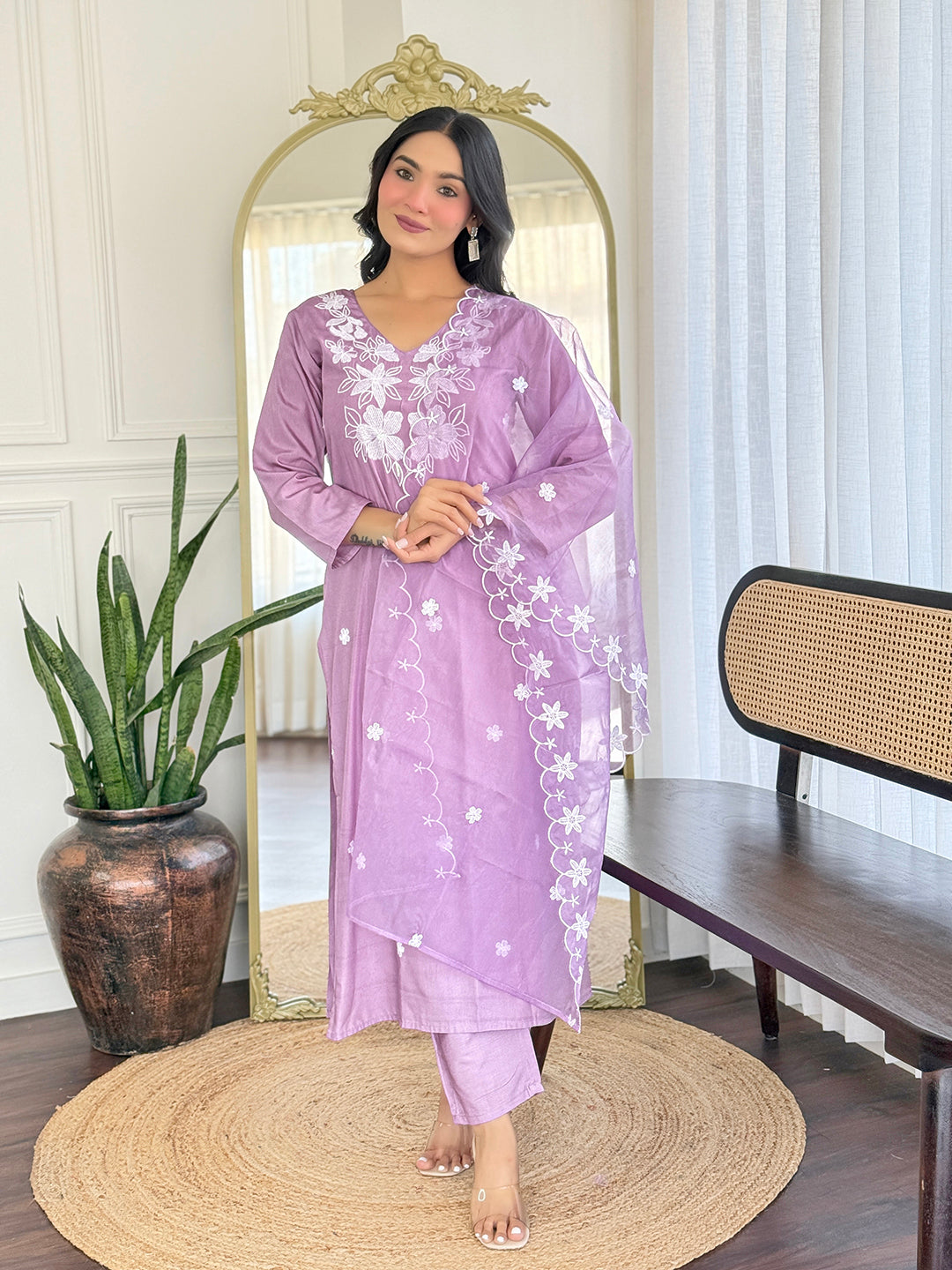 Model showcasing front view of the Lavender Rayon embroidered kurti set with organza dupatta by TRENDBUY.