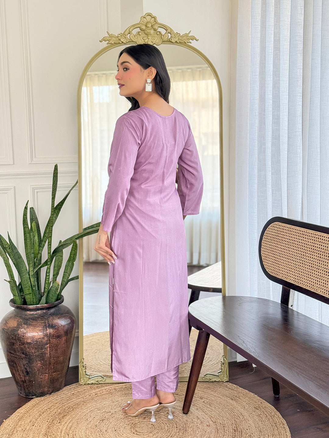 Back view of the Lavender Rayon kurti and pant set, showing the clean finish and comfortable fit.