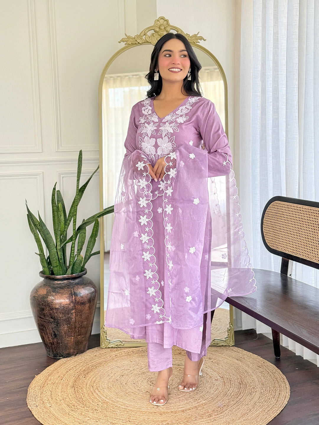 Smiling model wearing the complete Lavender Rayon kurti set, radiating style and comfort, perfect for TRENDBUY customers.