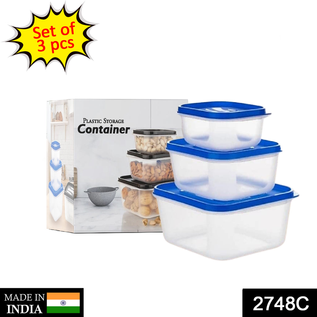 Clear square food storage containers, 3 piece set, with red lids