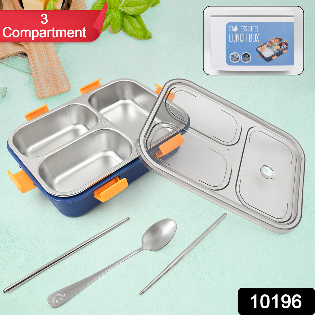 Transparent 3-compartment stainless steel lunch box with spoon & chopsticks displayed on lid.