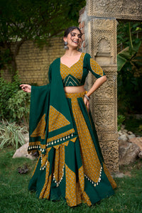 Navratri Special Mustard with Green Cotton Chaniya Choli | Jhamkudi | Lehenga | TRENDBUY