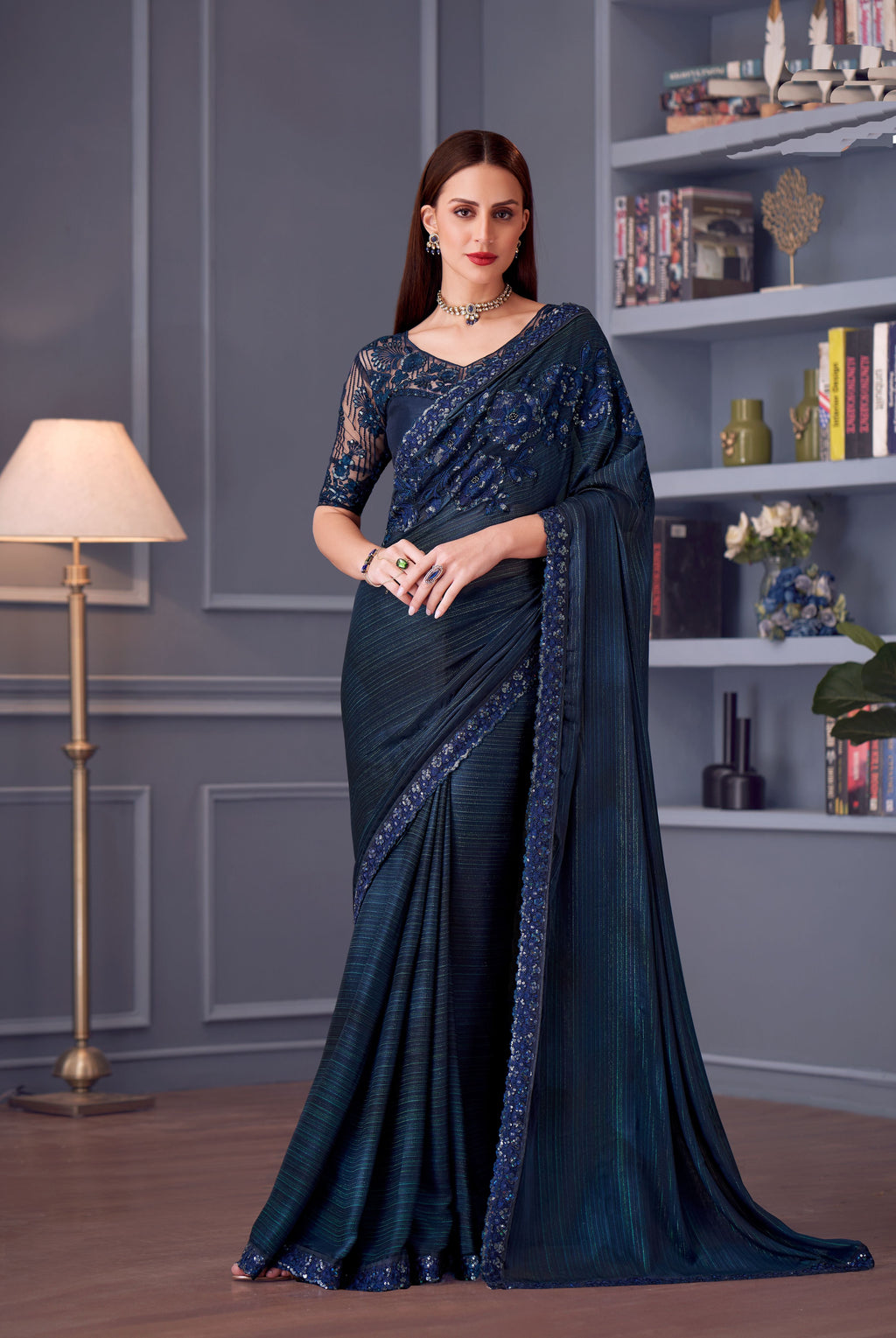 Navy Blue glitter silk sequins saree with matching blouse