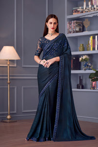Navy Blue glitter silk sequins saree with Blouse | TRENDBUY