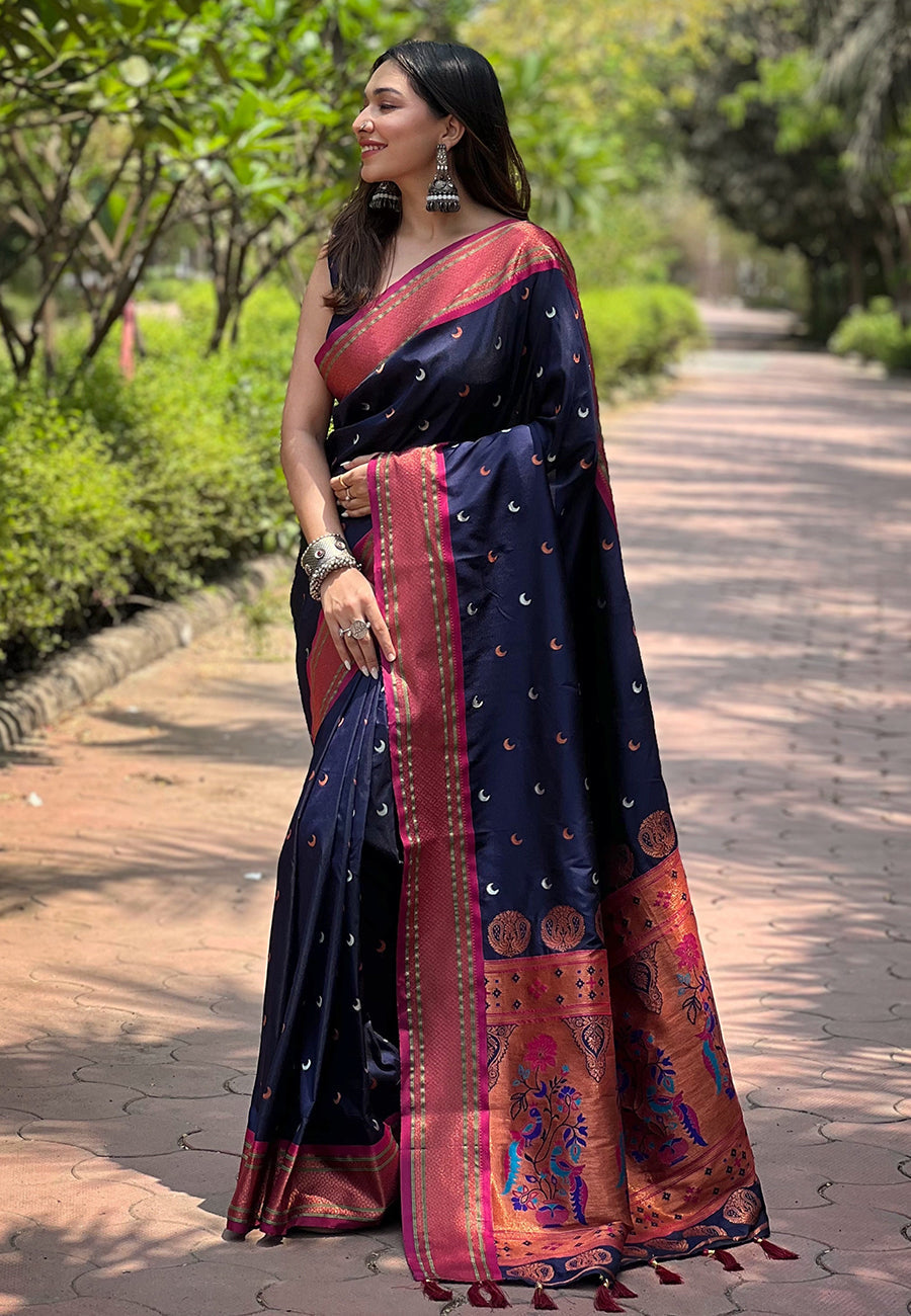 Navy Blue Maharashtrian Yeola Paithani Saree with Chaand Butta