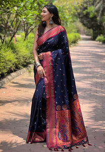 Navy Blue Maharashtrian Paithani Saree with Chaand Butta | TrendBuy