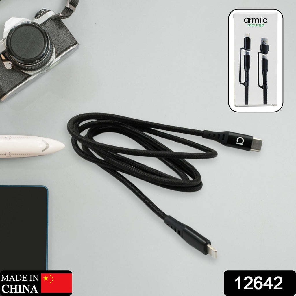Heavy-duty braided 2-in-1 USB-C Lightning cable for fast iPhone charging & data transfer.