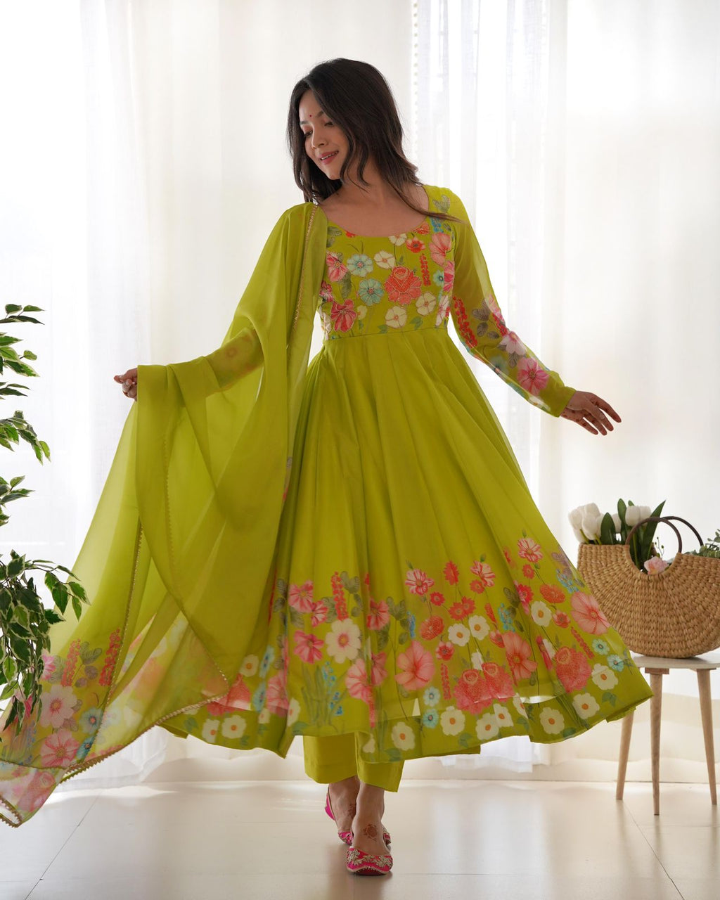 Neon floral Anarkali suit, featuring a vibrant kurti, coordinating pant, and graceful dupatta.