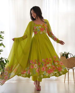 Neon Floral Anarkali Suit Pant Dupatta | TRENDBUY