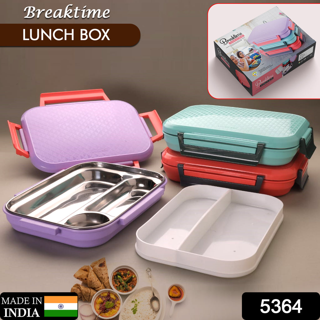 Smiling student holding a premium multi-compartment steel lunch box, ideal for school, office, or travel.