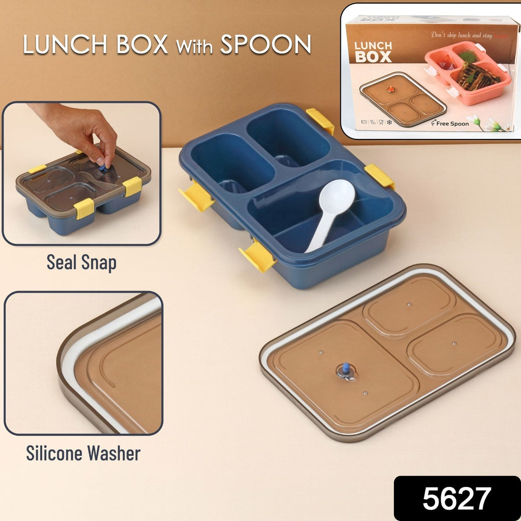 Blue plastic 3-compartment insulated tiffin box for kids, boys, girls school lunch with cartoon.