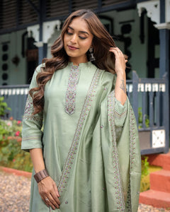 TRENDBUY Pooja Olive Green Embroidered Muslin Silk Kurta Pant Dupatta Set