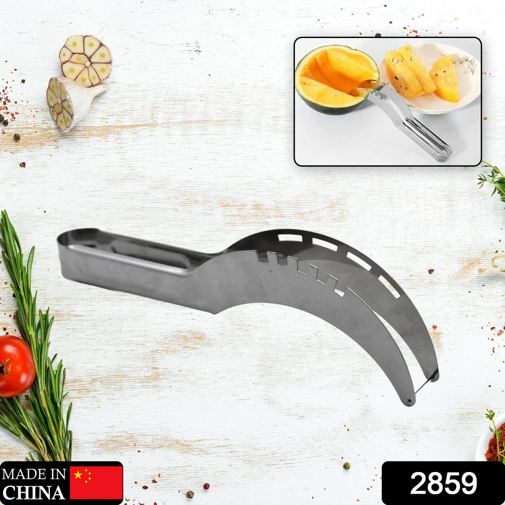 Stainless steel watermelon slicer knife corer tool cutting a juicy slice of watermelon.