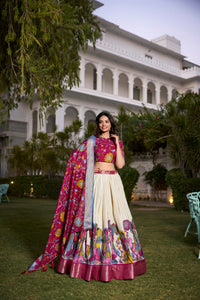Off White Dola Silk Kalamkari Printed Lehenga Choli | TRENDBUY