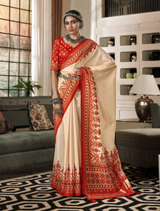 Off White With Red Royal Patola Print Saree | TRENDBUY