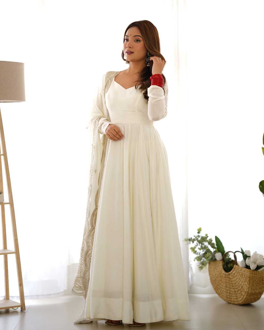 Offwhite Anarkali Gown Dupatta Pant Set, elegant full view