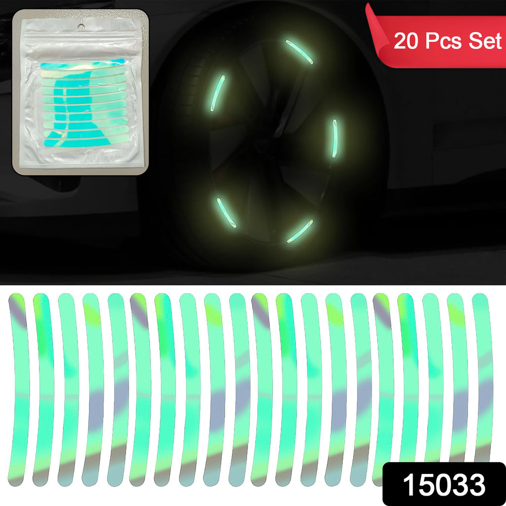 Multicolored reflective car wheel hub stickers providing night warning and enhanced visibility.